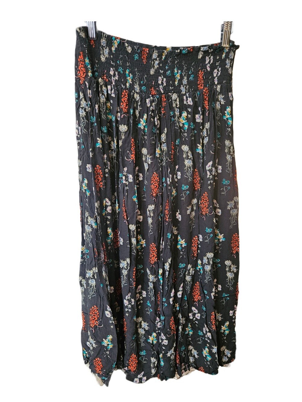 Natural Life Dark Gray Floral Bohemian Maxi Skirt with Smocked Waist Side Split - Picture 5 of 9